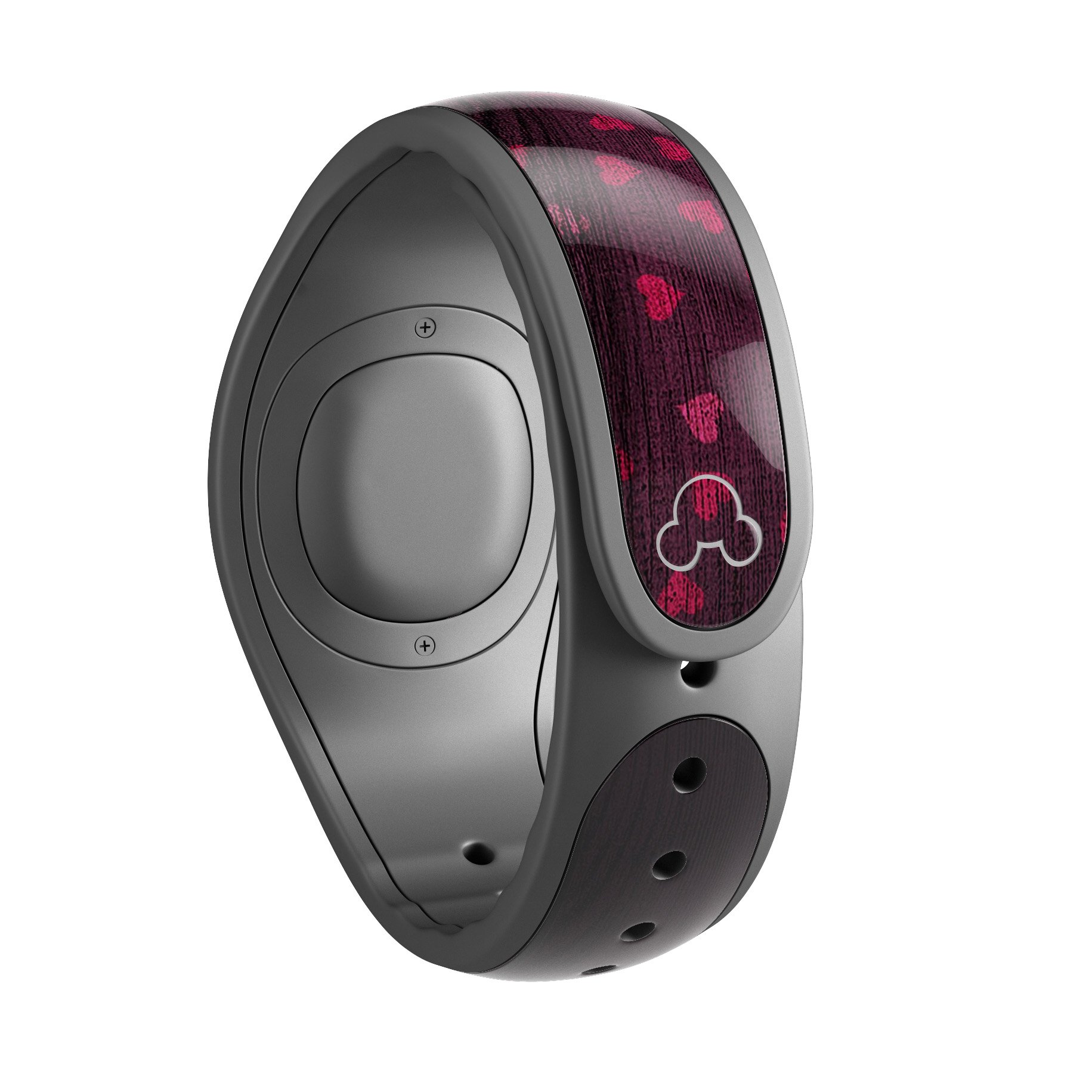 Falling Micro Hearts decal skin wrap on a burgundy wood background for Disney Magic Band, showcasing vibrant heart patterns.