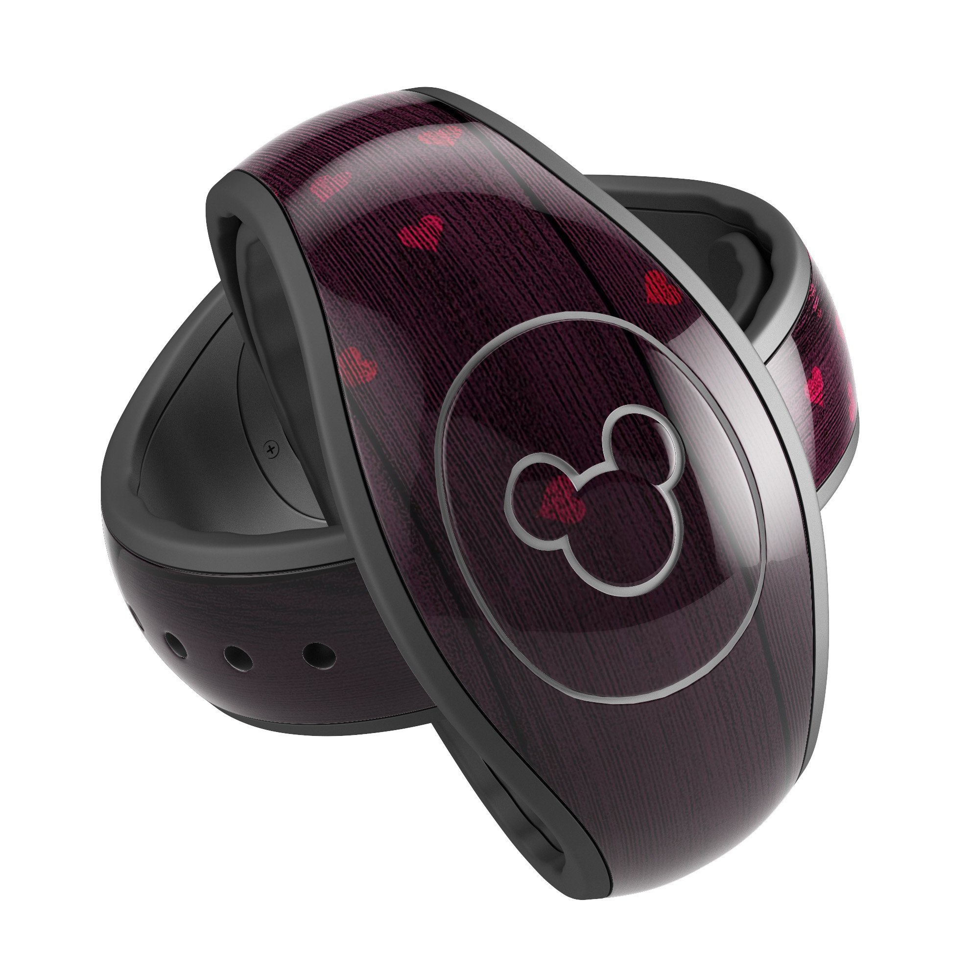 Falling Micro Hearts decal skin wrap on a burgundy wood background for Disney Magic Band, showcasing vibrant heart patterns.