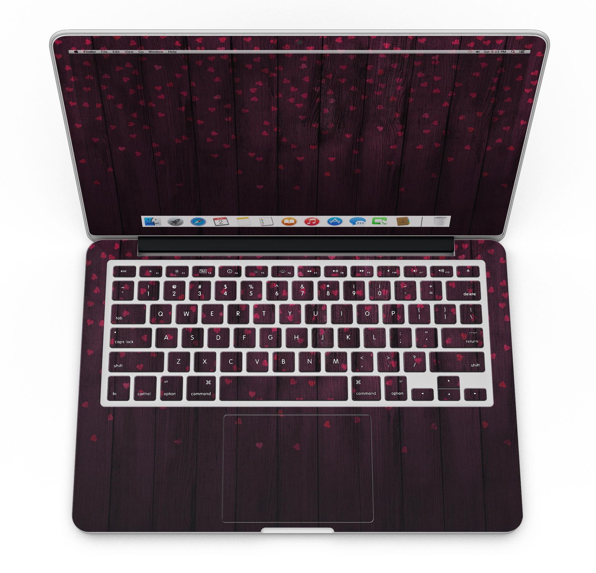 Falling Micro Hearts design skin for MacBook Pro, featuring a burgundy wood background and stylish heart patterns.