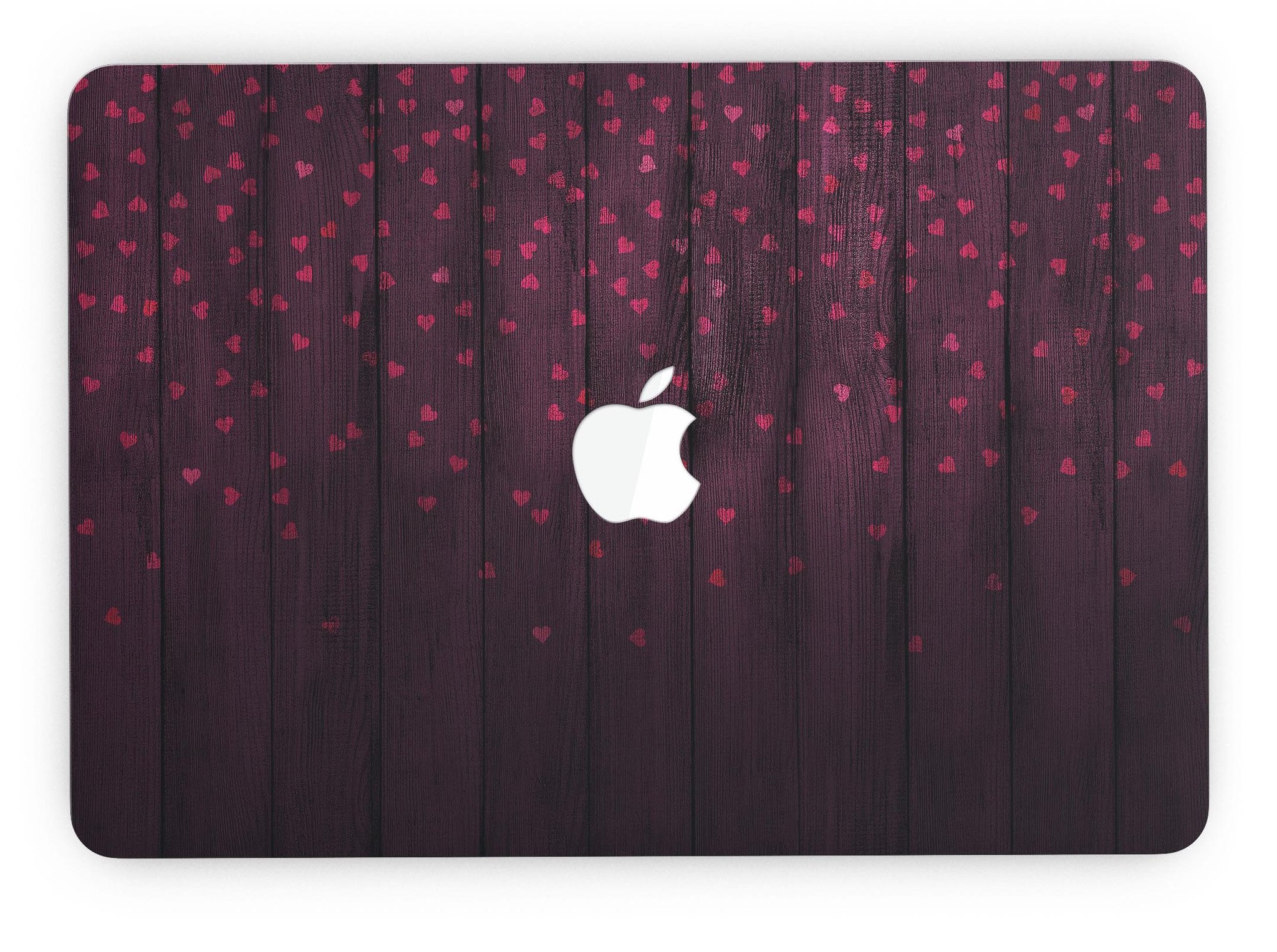 Falling Micro Hearts design skin for MacBook Pro, featuring a burgundy wood background and stylish heart patterns.