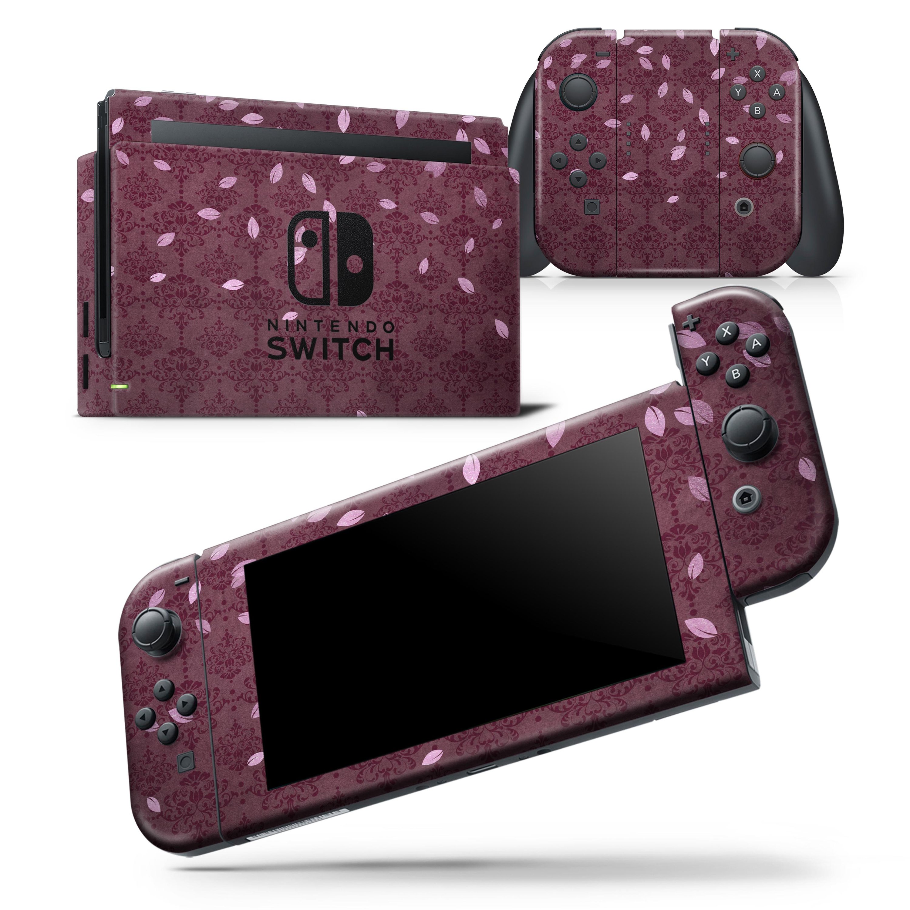 Falling Pink Petals skin wrap decal for Nintendo Switch, featuring a royal burgundy pattern, showcasing vibrant colors and a sleek design.