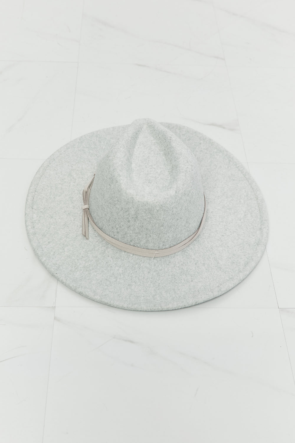 Fame Festival Babe Fedora Hat in light grey with faux leather knot detailing, showcasing its stylish design and adjustable straps.