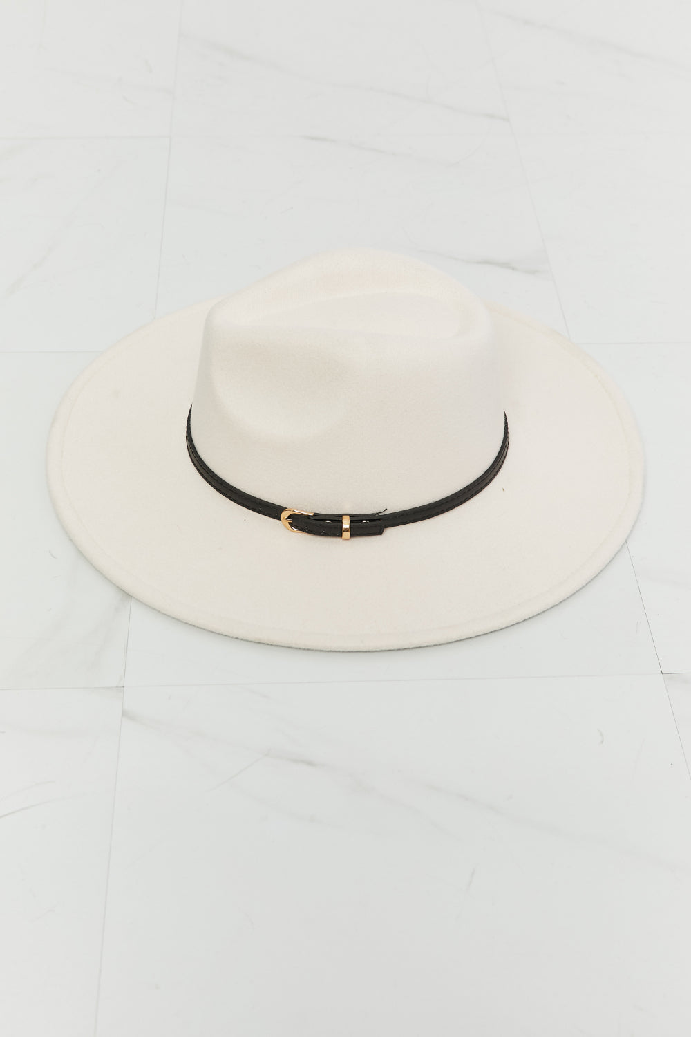 Fame Keep It Classy Fedora Hat in beige with black belt buckle and gold hardware, showcasing a wide brim and adjustable straps.