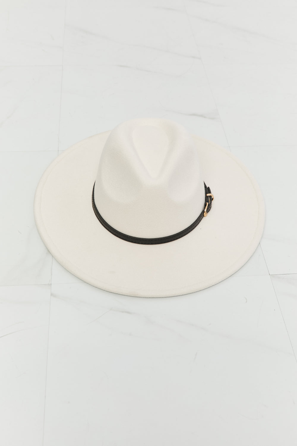 Fame Keep It Classy Fedora Hat in beige with black belt buckle and gold hardware, showcasing a wide brim and adjustable straps.