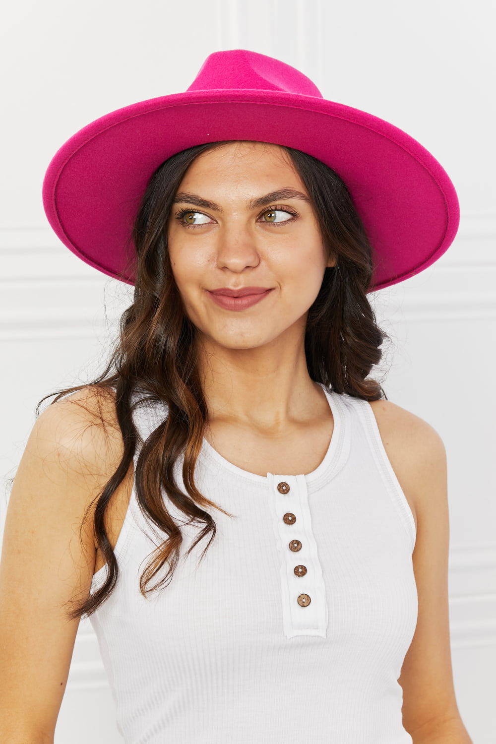 Fame Keep Your Promise Fedora Hat in vibrant pink with chain detailing and adjustable straps, perfect for stylish outfits.