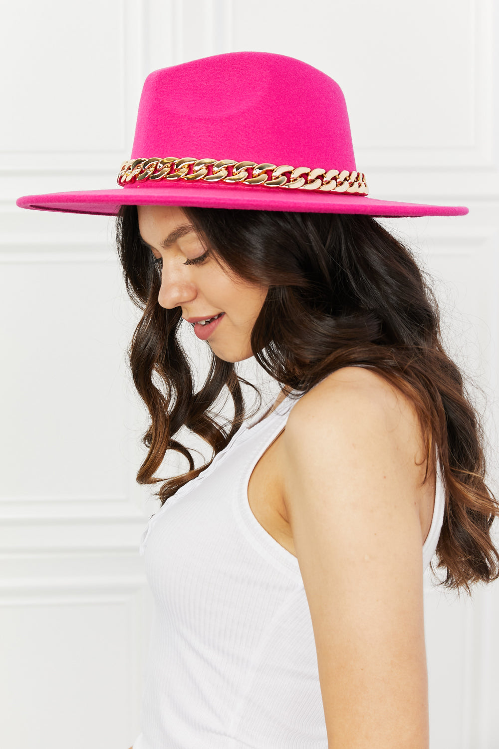 Fame Keep Your Promise Fedora Hat in vibrant pink with chain detailing and adjustable straps, perfect for stylish outfits.