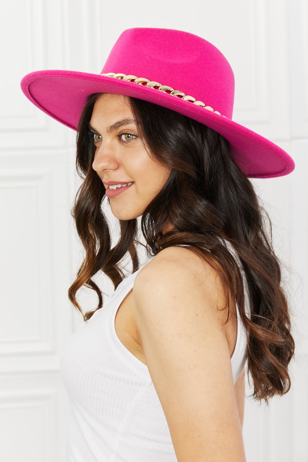 Fame Keep Your Promise Fedora Hat in vibrant pink with chain detailing and adjustable straps, perfect for stylish outfits.