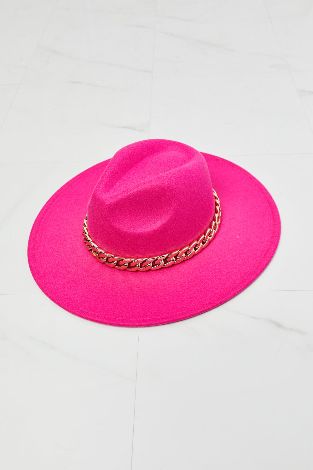 Fame Keep Your Promise Fedora Hat in vibrant pink with chain detailing and adjustable straps, perfect for stylish outfits.