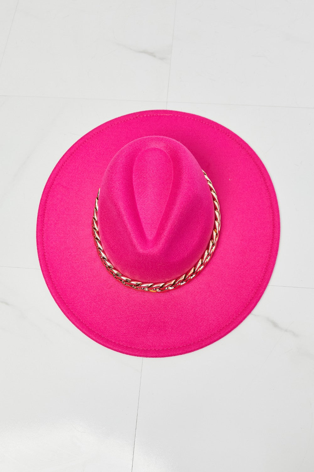 Fame Keep Your Promise Fedora Hat in vibrant pink with chain detailing and adjustable straps, perfect for stylish outfits.