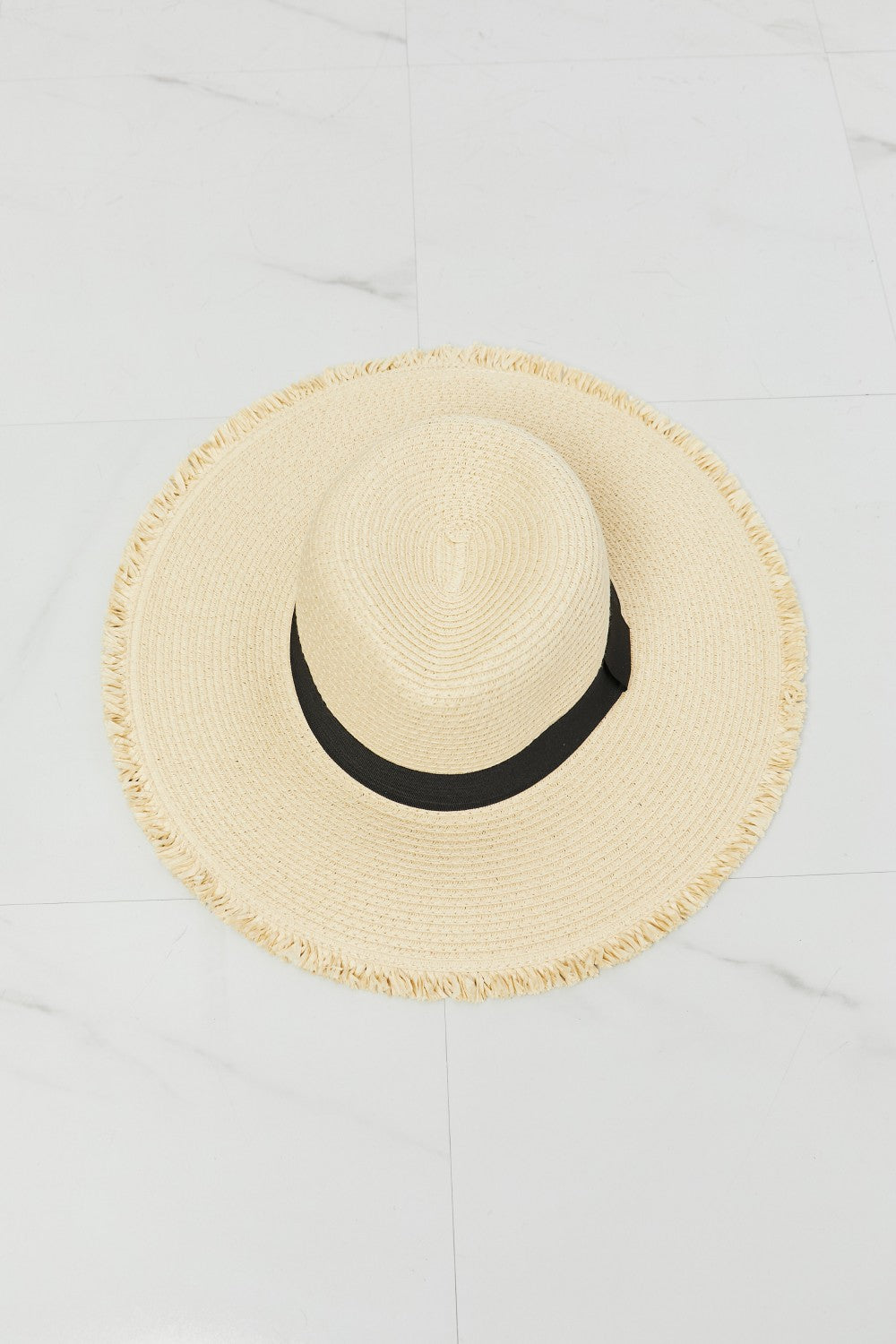 Fame Time For The Sun Straw Hat with fringe rim and black ribbon detail, perfect for sun protection and stylish summer outings.