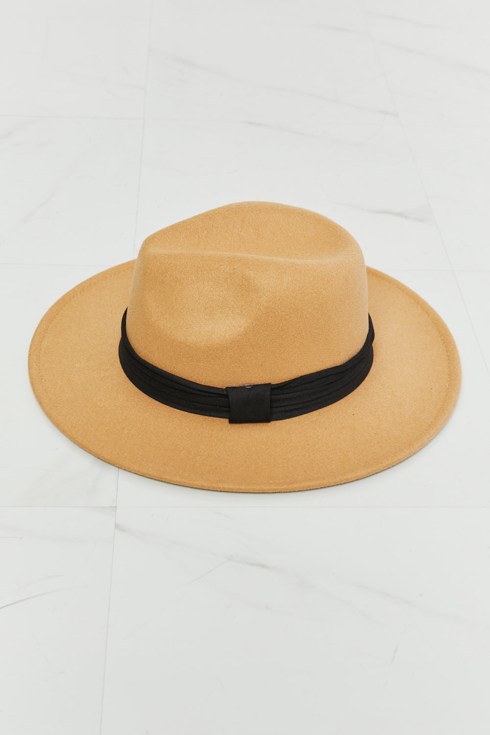 Fame You Got It Fedora Hat in dark tan with black ribbon detail, showcasing its stylish design and adjustable straps.