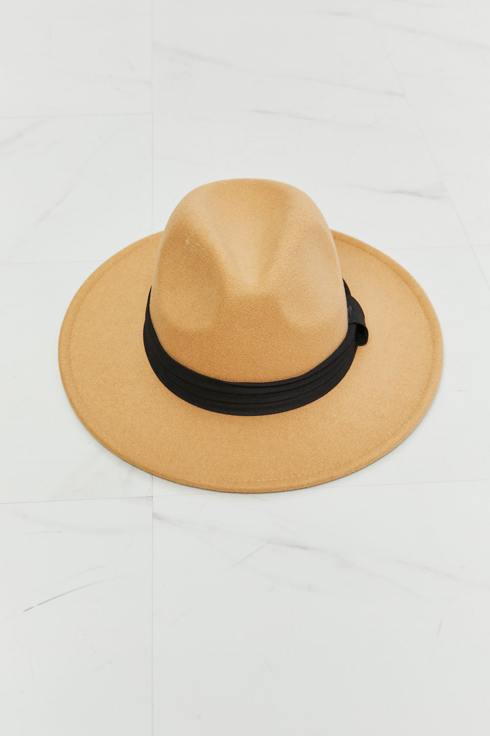 Fame You Got It Fedora Hat in dark tan with black ribbon detail, showcasing its stylish design and adjustable straps.