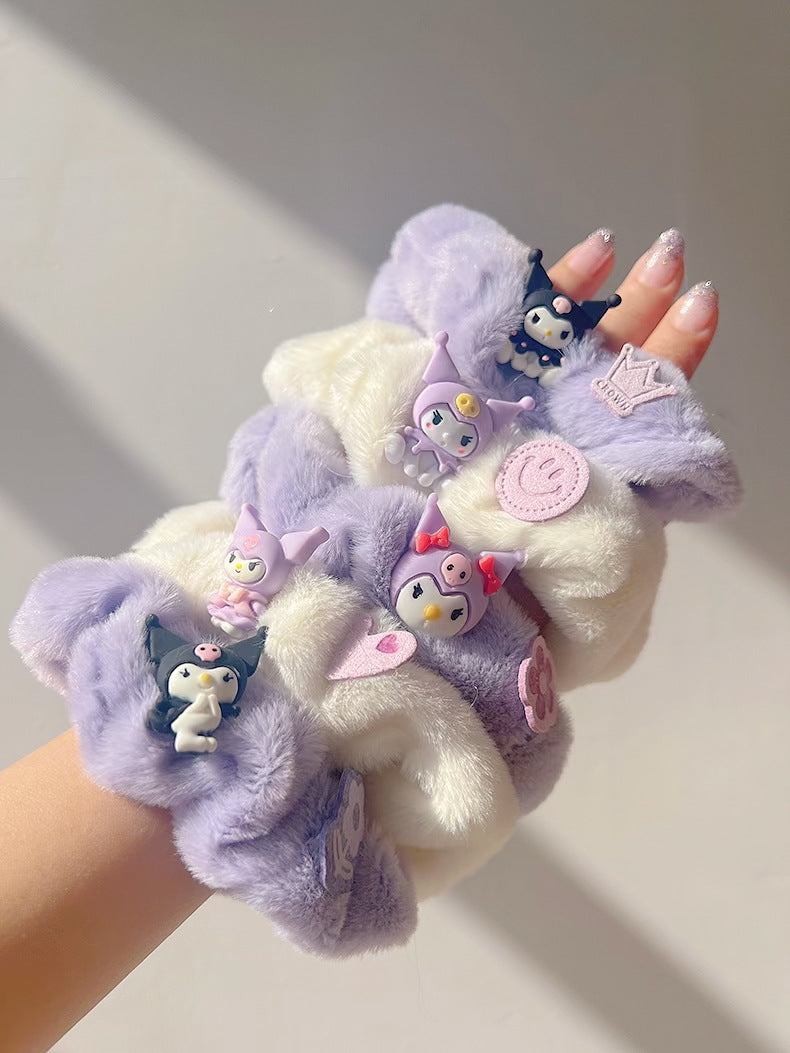 Fantasy Cream Purple Furry Hair Tie set featuring five colorful and soft hair accessories in cream and purple hues.