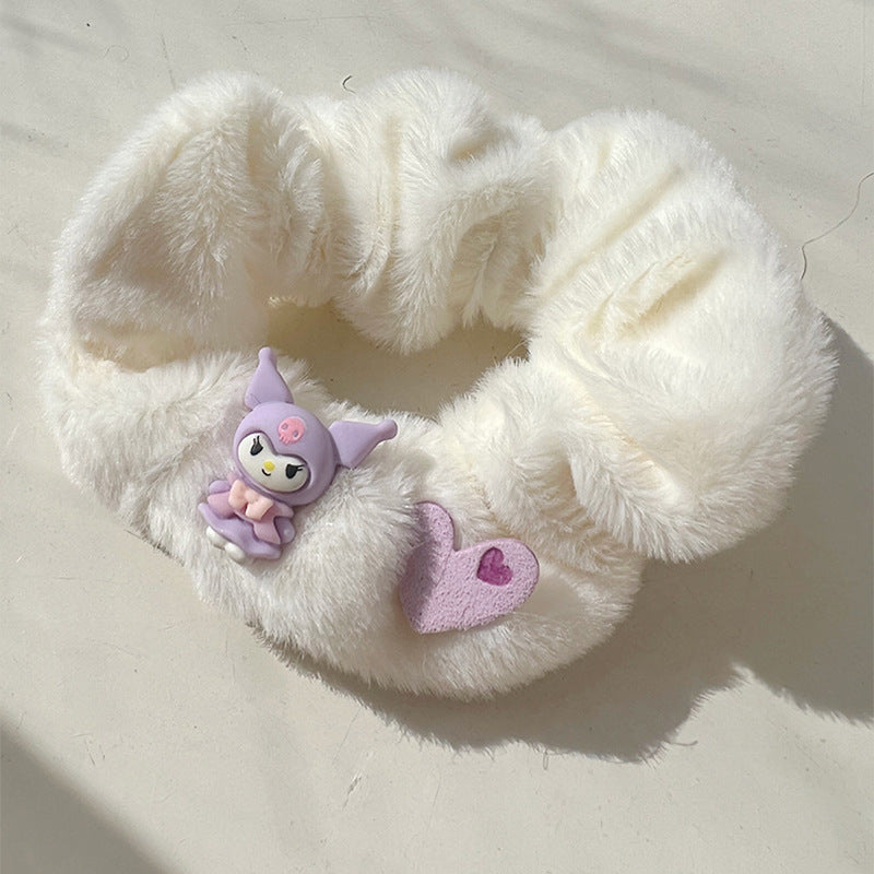 Fantasy Cream Purple Furry Hair Tie set featuring five colorful and soft hair accessories in cream and purple hues.