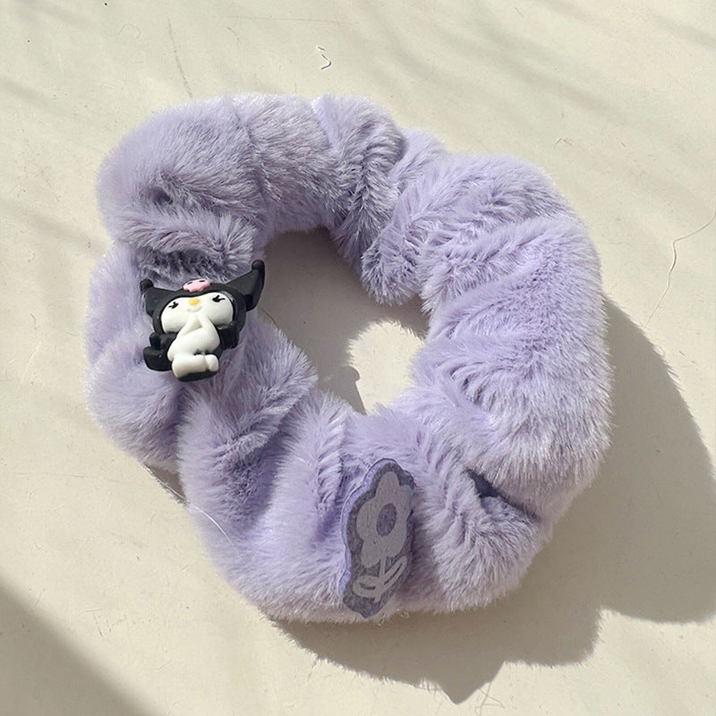 Fantasy Cream Purple Furry Hair Tie set featuring five colorful and soft hair accessories in cream and purple hues.