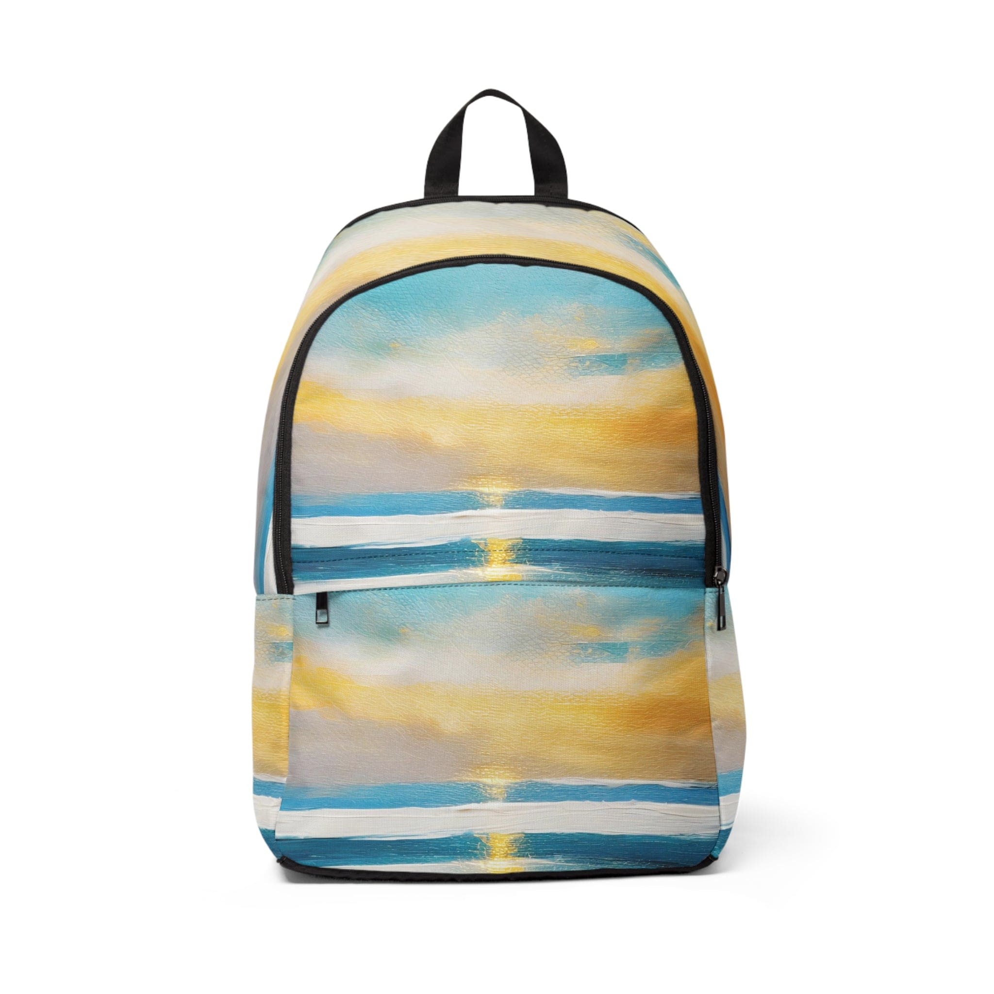 Fashion Backpack in Blue Ocean and Golden Sunset Print, showcasing a stylish design with adjustable straps and waterproof material.