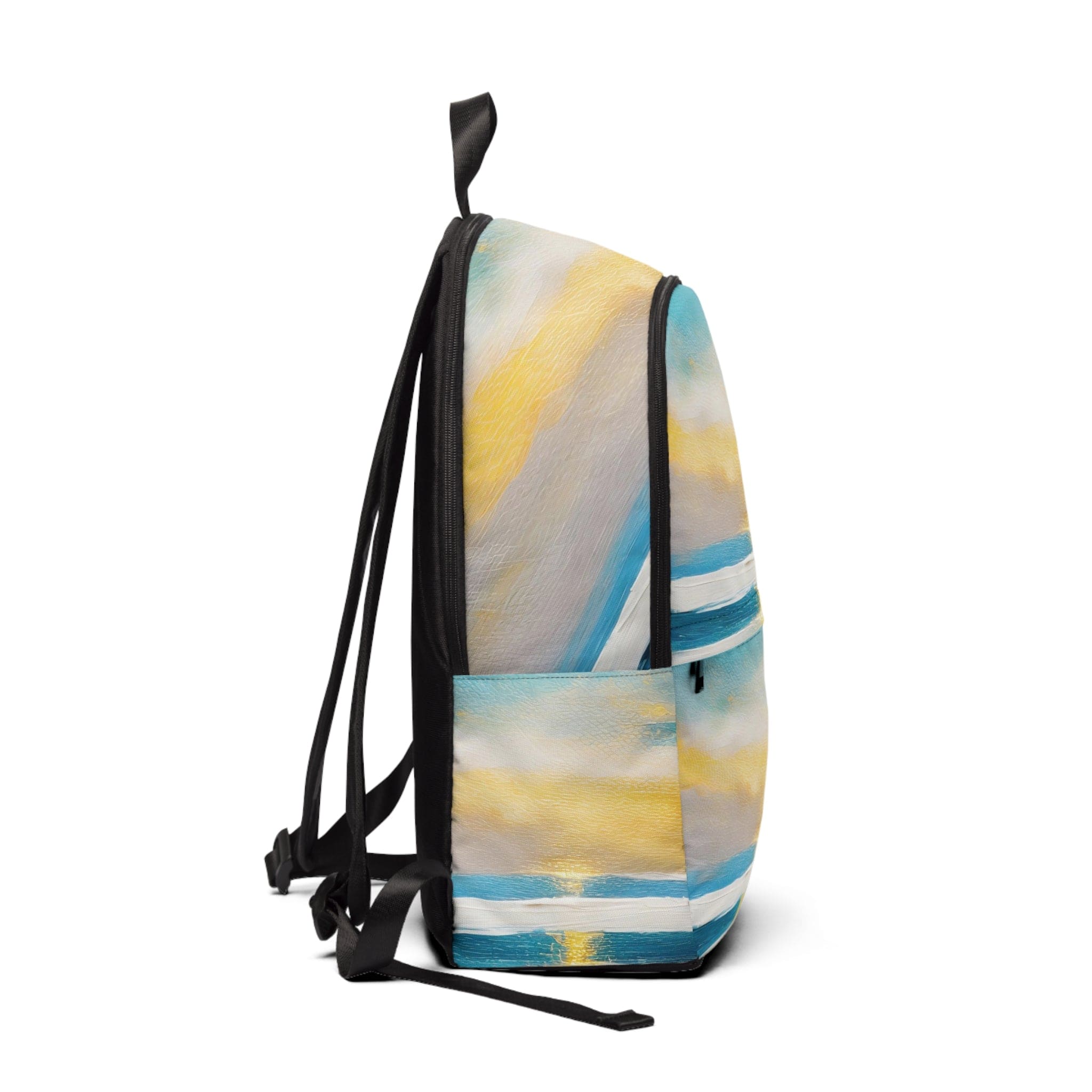 Fashion Backpack in Blue Ocean and Golden Sunset Print, showcasing a stylish design with adjustable straps and waterproof material.