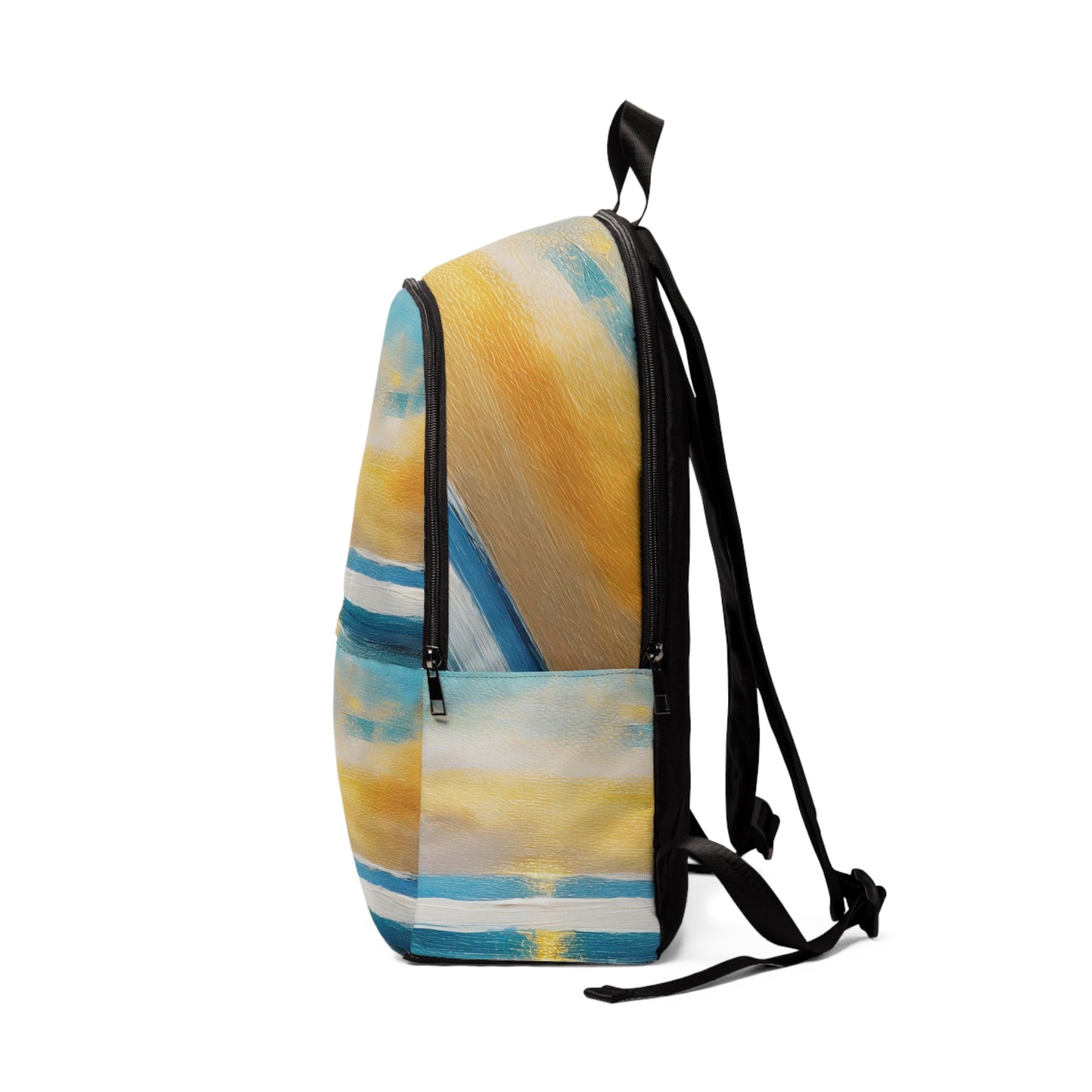 Fashion Backpack in Blue Ocean and Golden Sunset Print, showcasing a stylish design with adjustable straps and waterproof material.