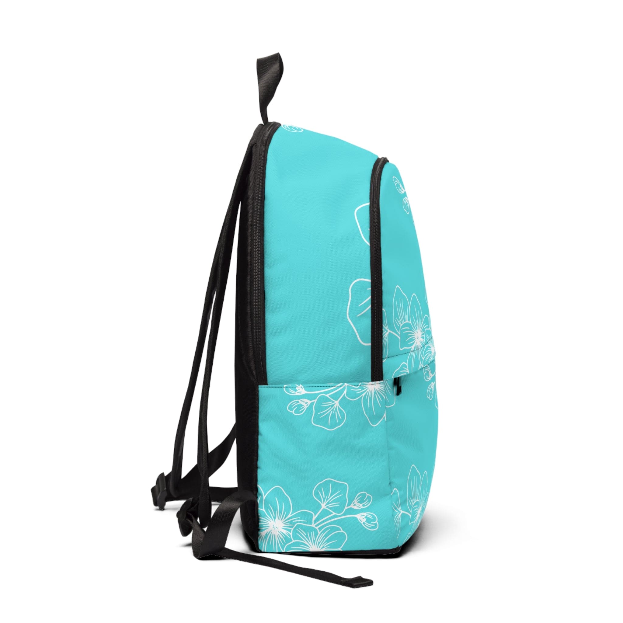 Fashion Backpack in Waterproof Floral Cyan Blue, featuring adjustable straps and spacious design for urban and travel use.