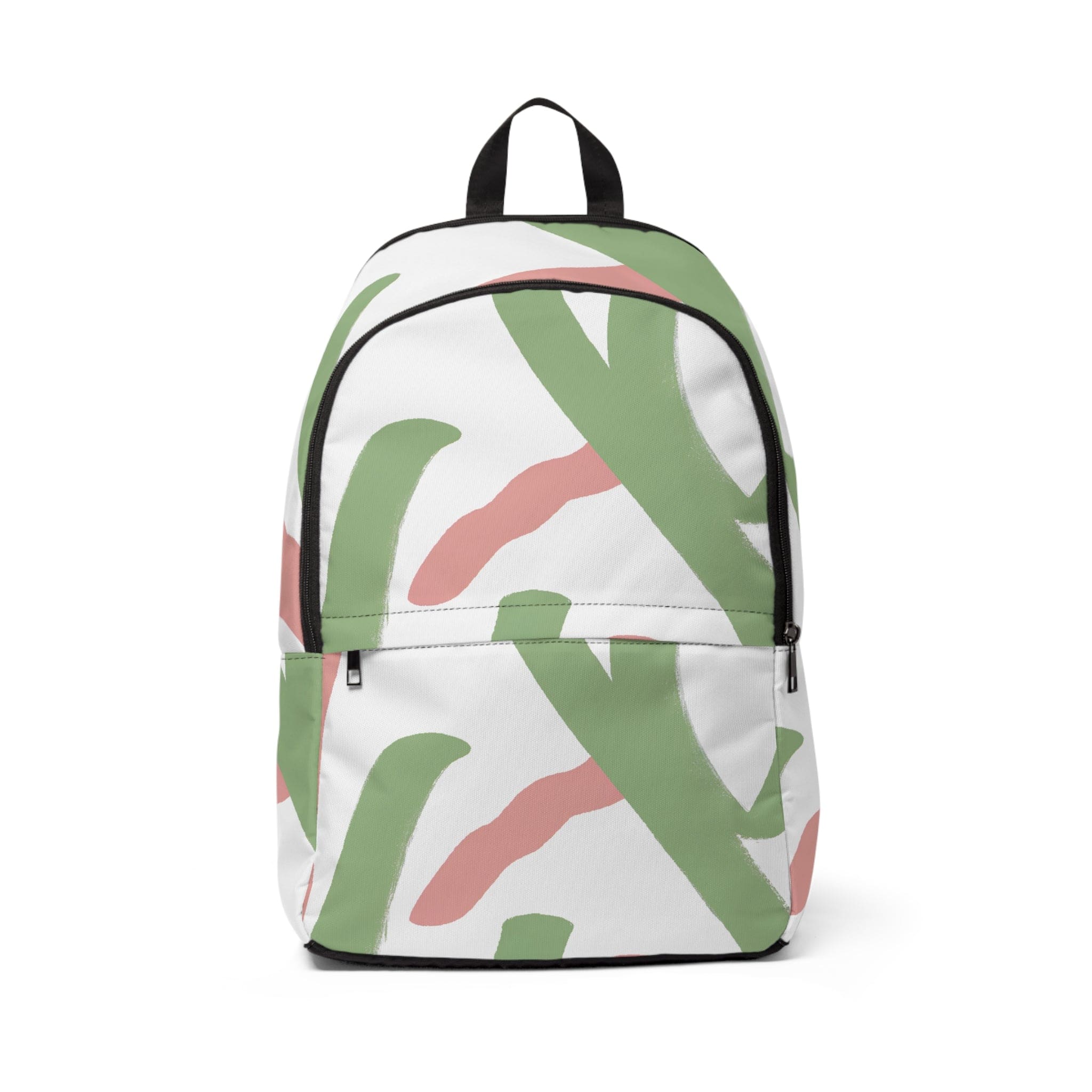 Fashion backpack featuring a waterproof green mauve abstract brush stroke pattern, designed for urban style and functionality.