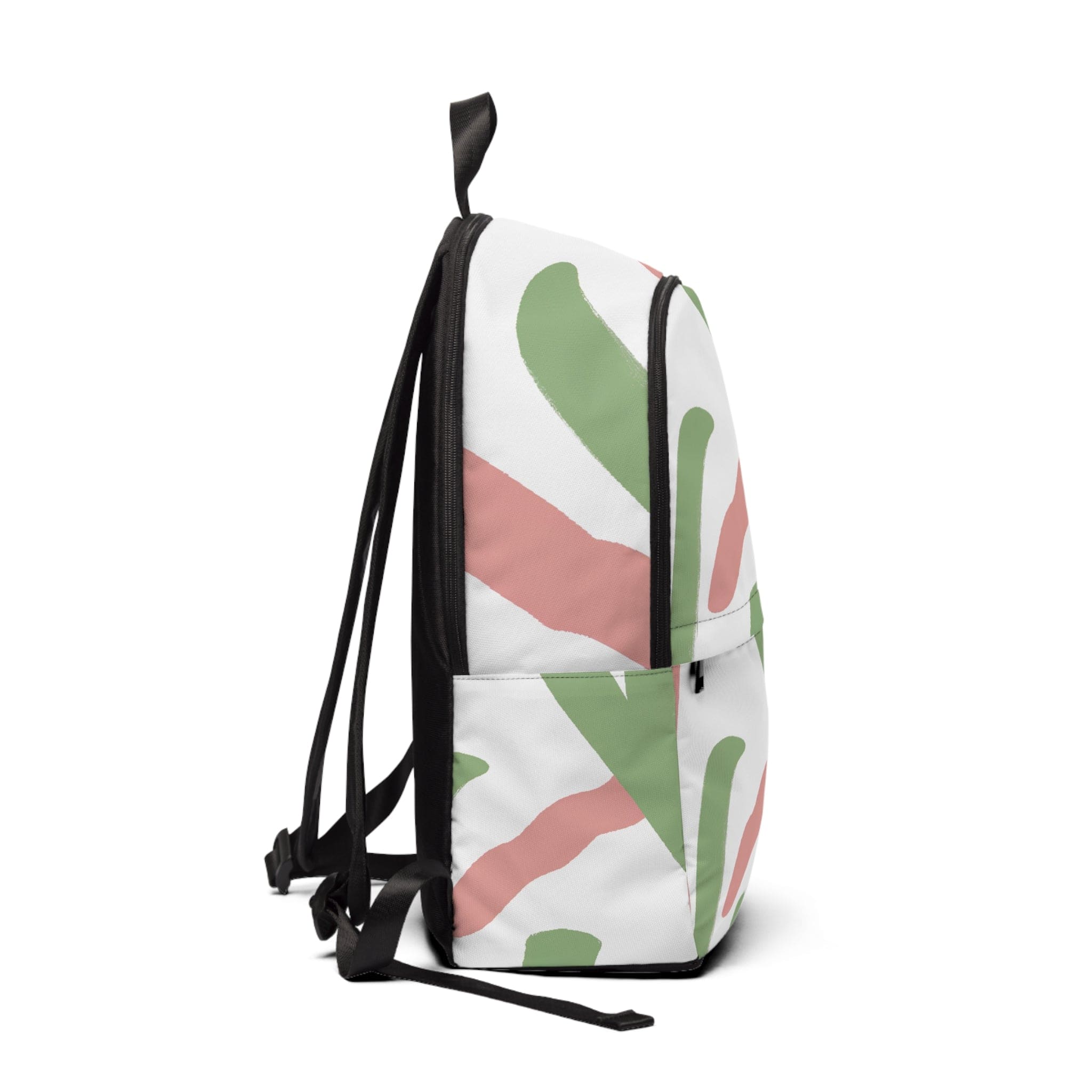 Fashion backpack featuring a waterproof green mauve abstract brush stroke pattern, designed for urban style and functionality.