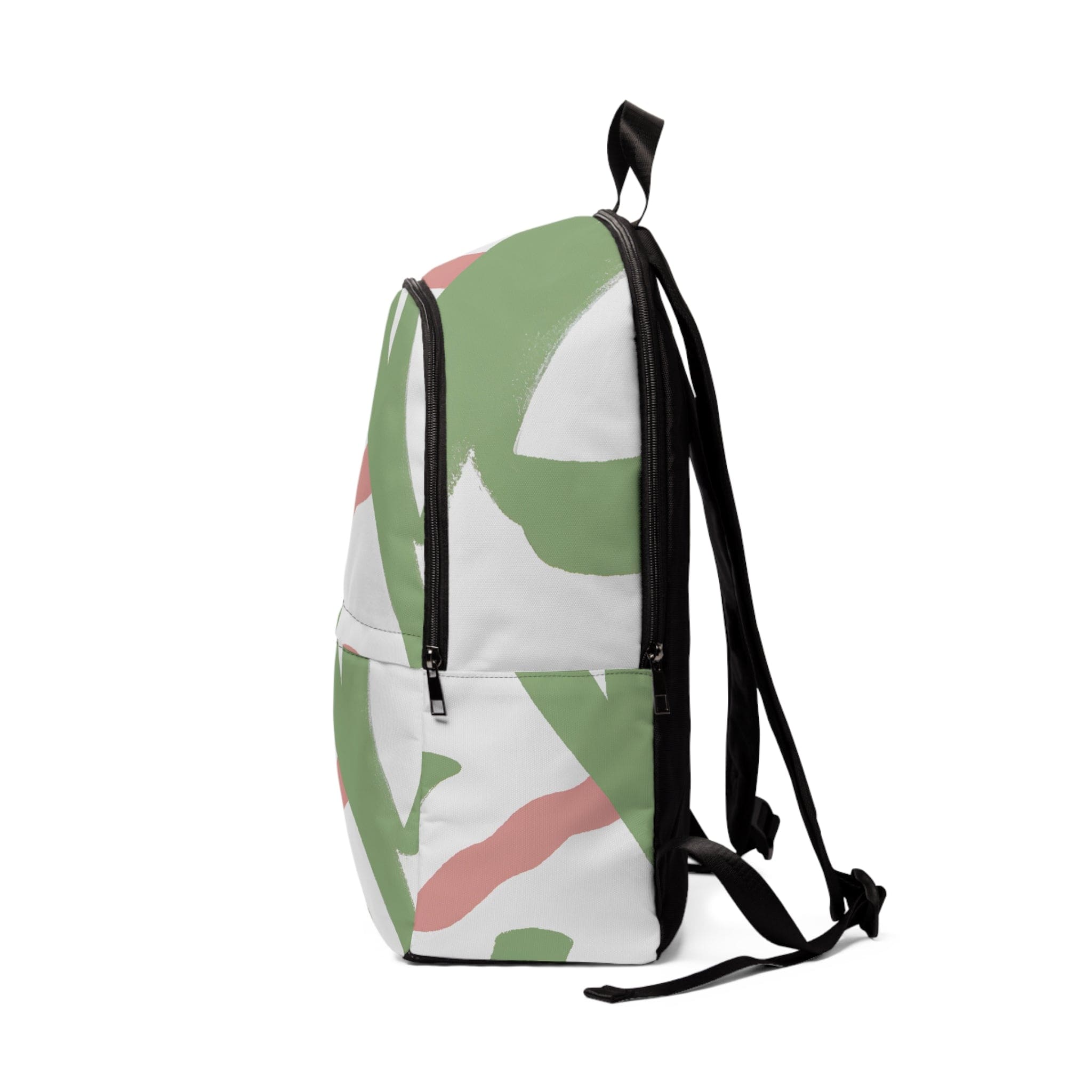 Fashion backpack featuring a waterproof green mauve abstract brush stroke pattern, designed for urban style and functionality.