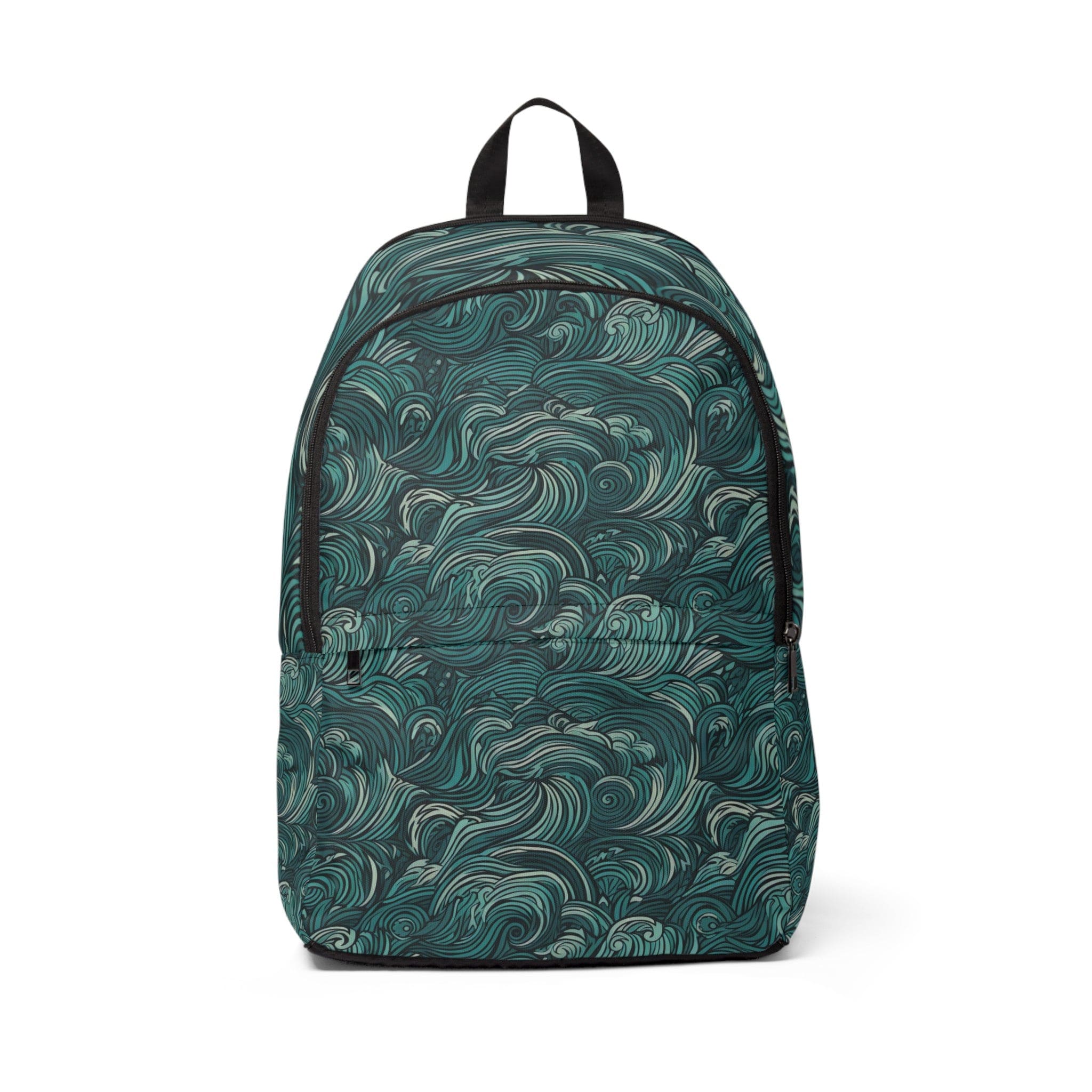 Fashion backpack in mint green with a water wave print, showcasing its stylish design and waterproof features.