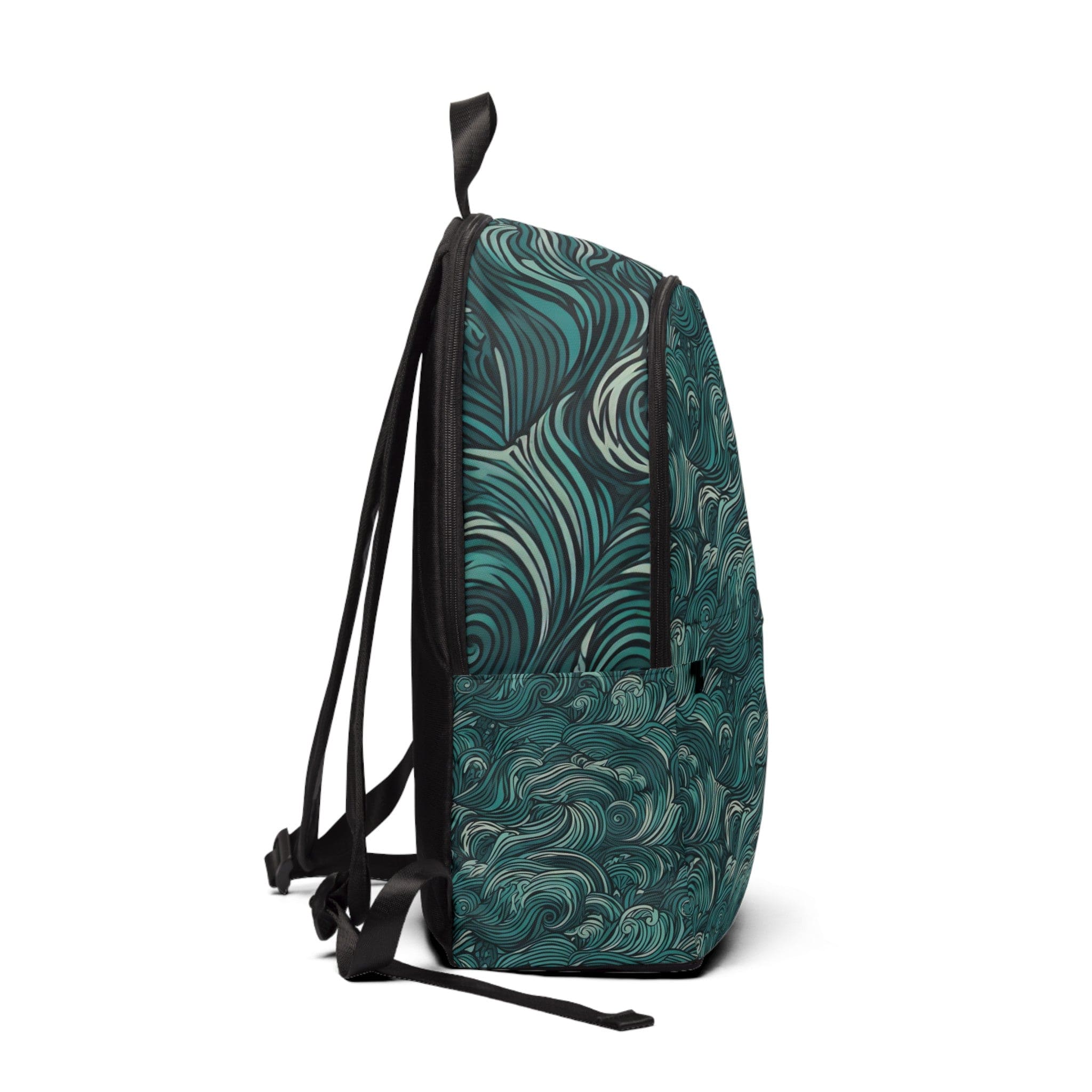 Fashion backpack in mint green with a water wave print, showcasing its stylish design and waterproof features.