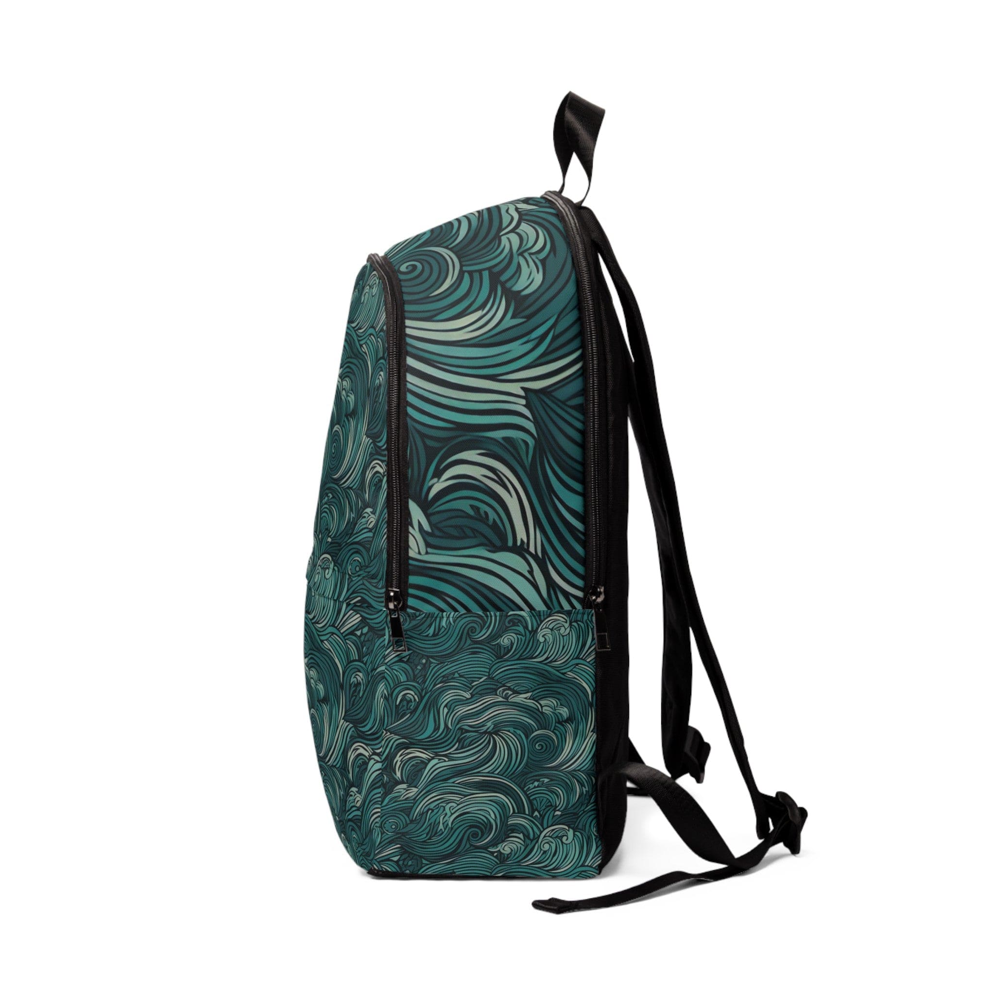 Fashion backpack in mint green with a water wave print, showcasing its stylish design and waterproof features.