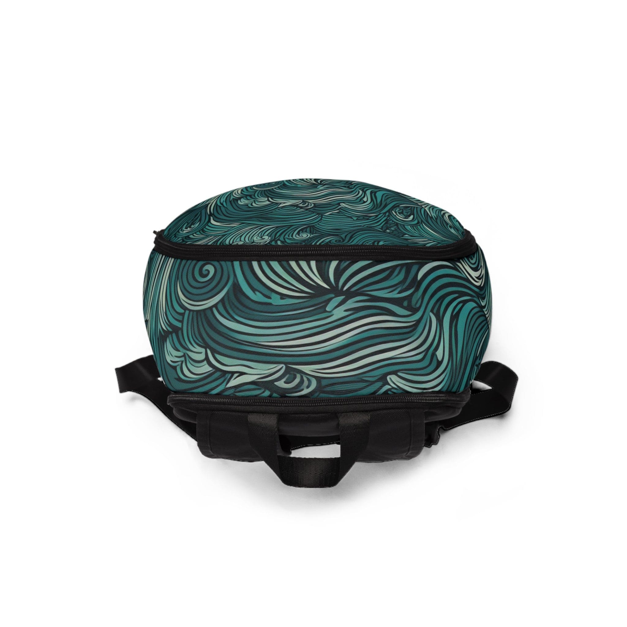 Fashion backpack in mint green with a water wave print, showcasing its stylish design and waterproof features.