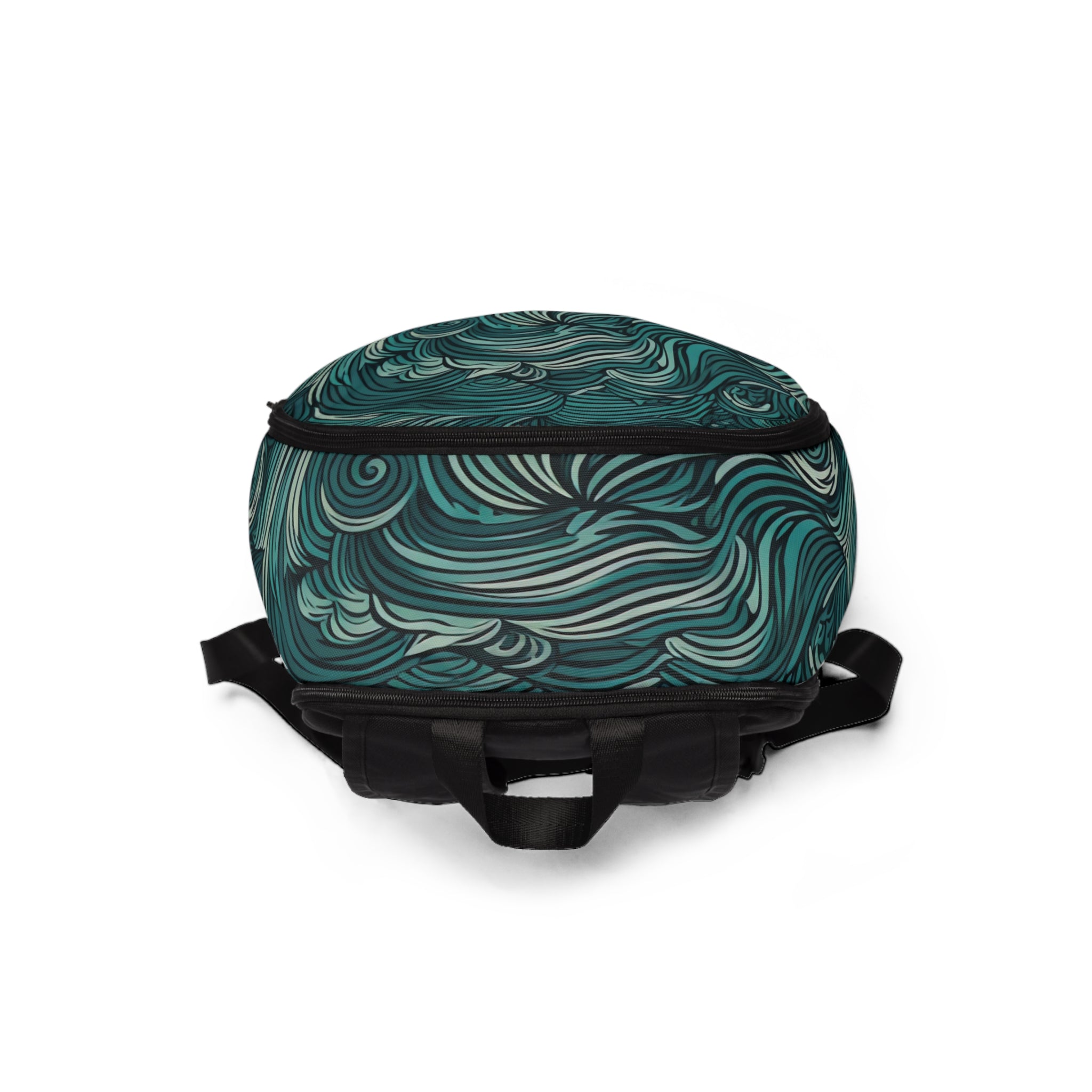 Fashion backpack in mint green with a water wave print, showcasing its stylish design and waterproof features.