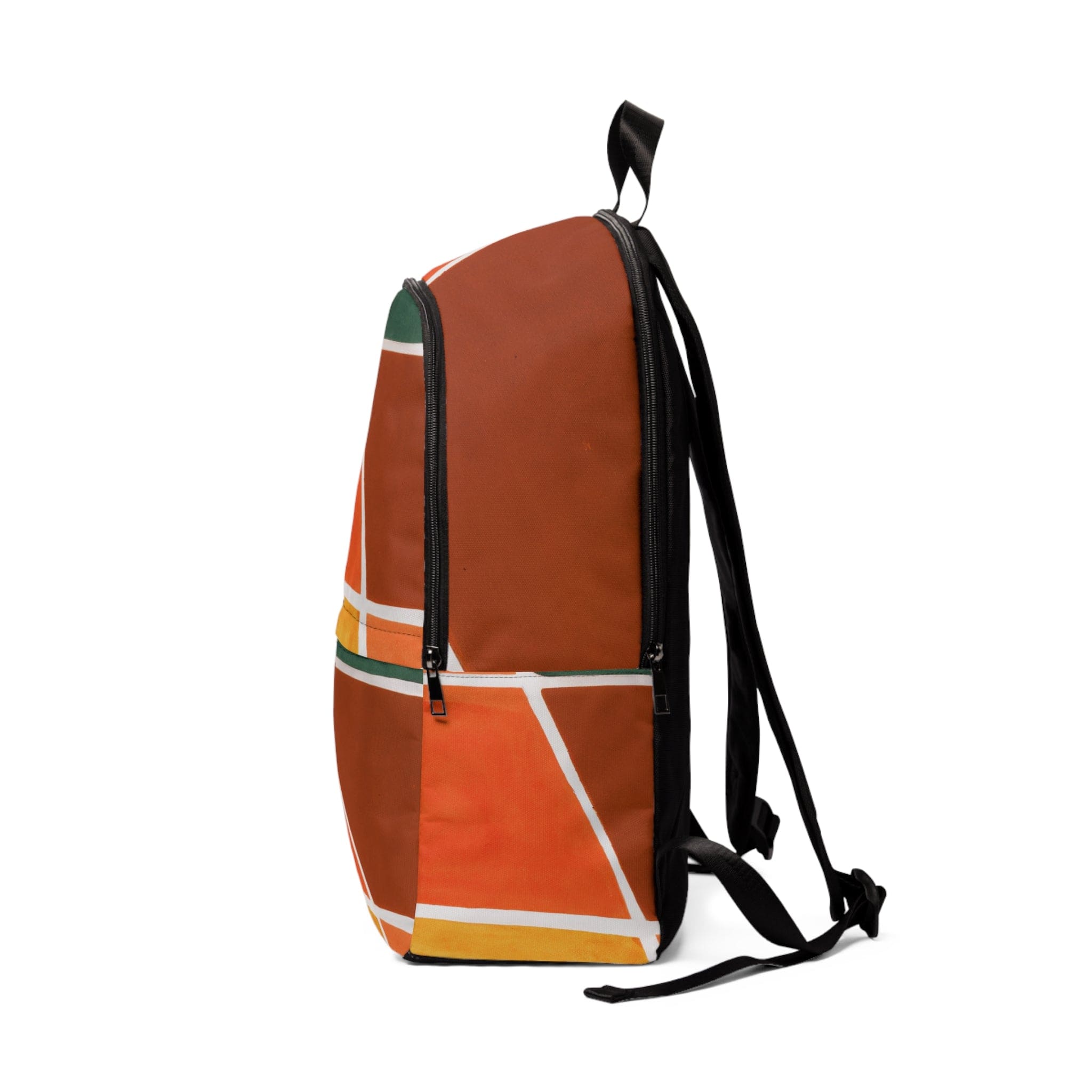 Fashion Backpack in Orange Green Boho Pattern, showcasing its waterproof design and adjustable straps.