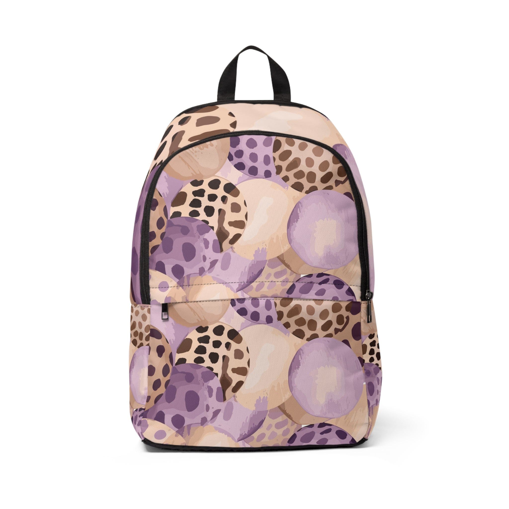 Fashion Backpack in Purple Lavender with Spotted Print, showcasing its stylish design and waterproof material.