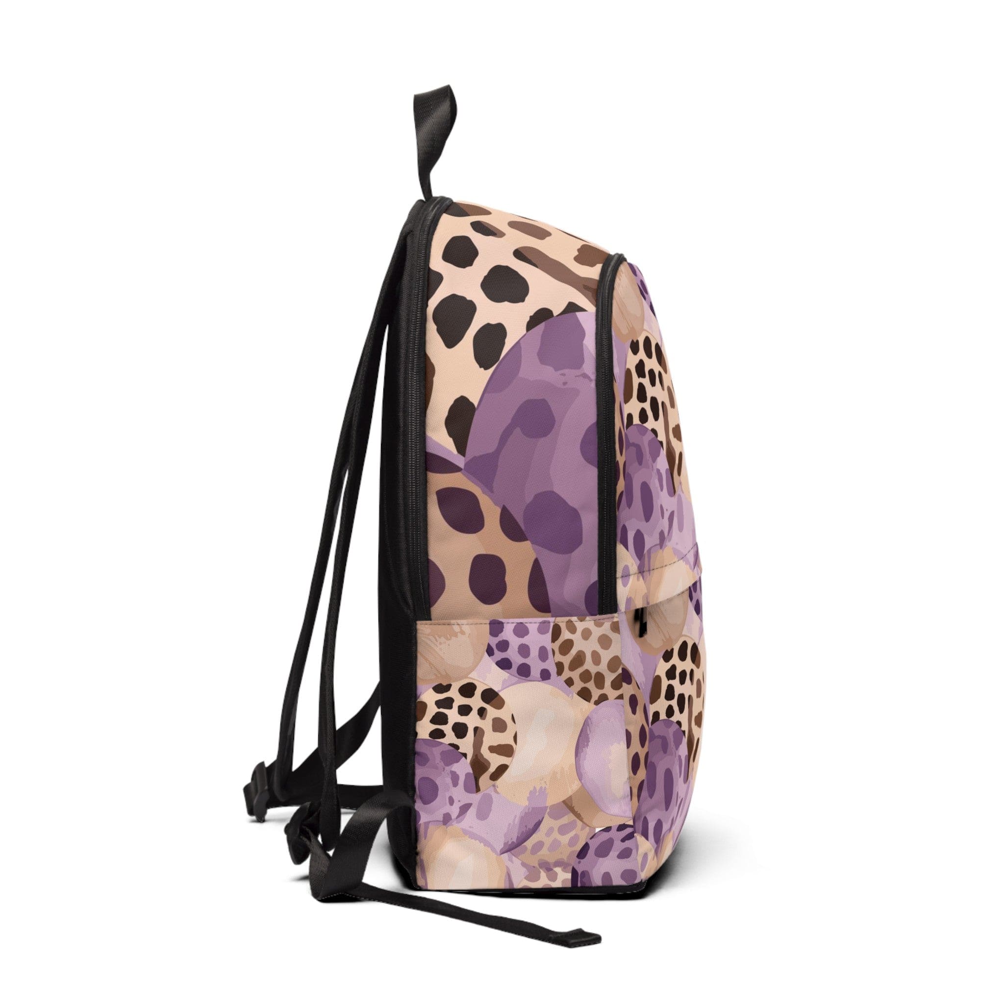 Fashion Backpack in Purple Lavender with Spotted Print, showcasing its stylish design and waterproof material.