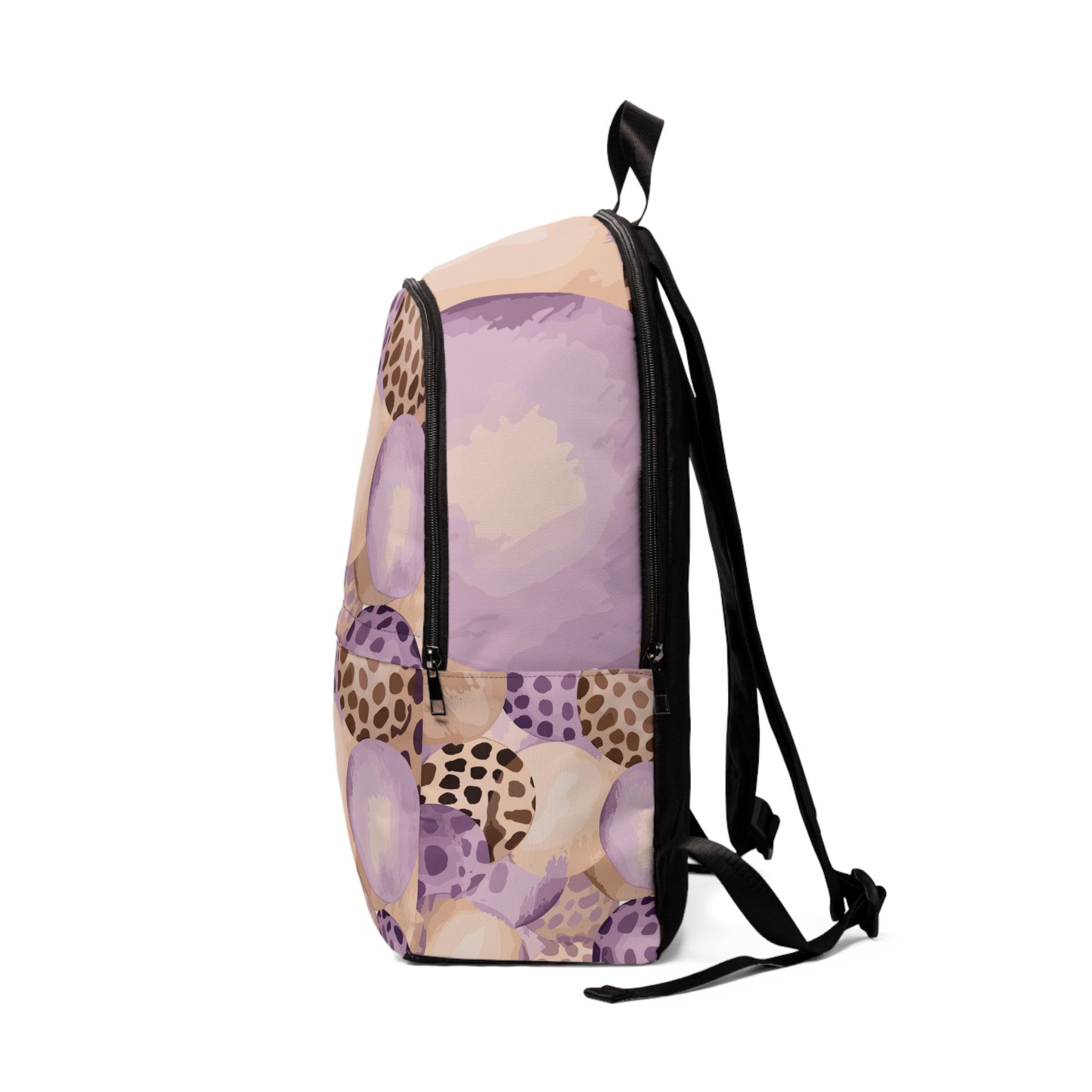 Fashion Backpack in Purple Lavender with Spotted Print, showcasing its stylish design and waterproof material.