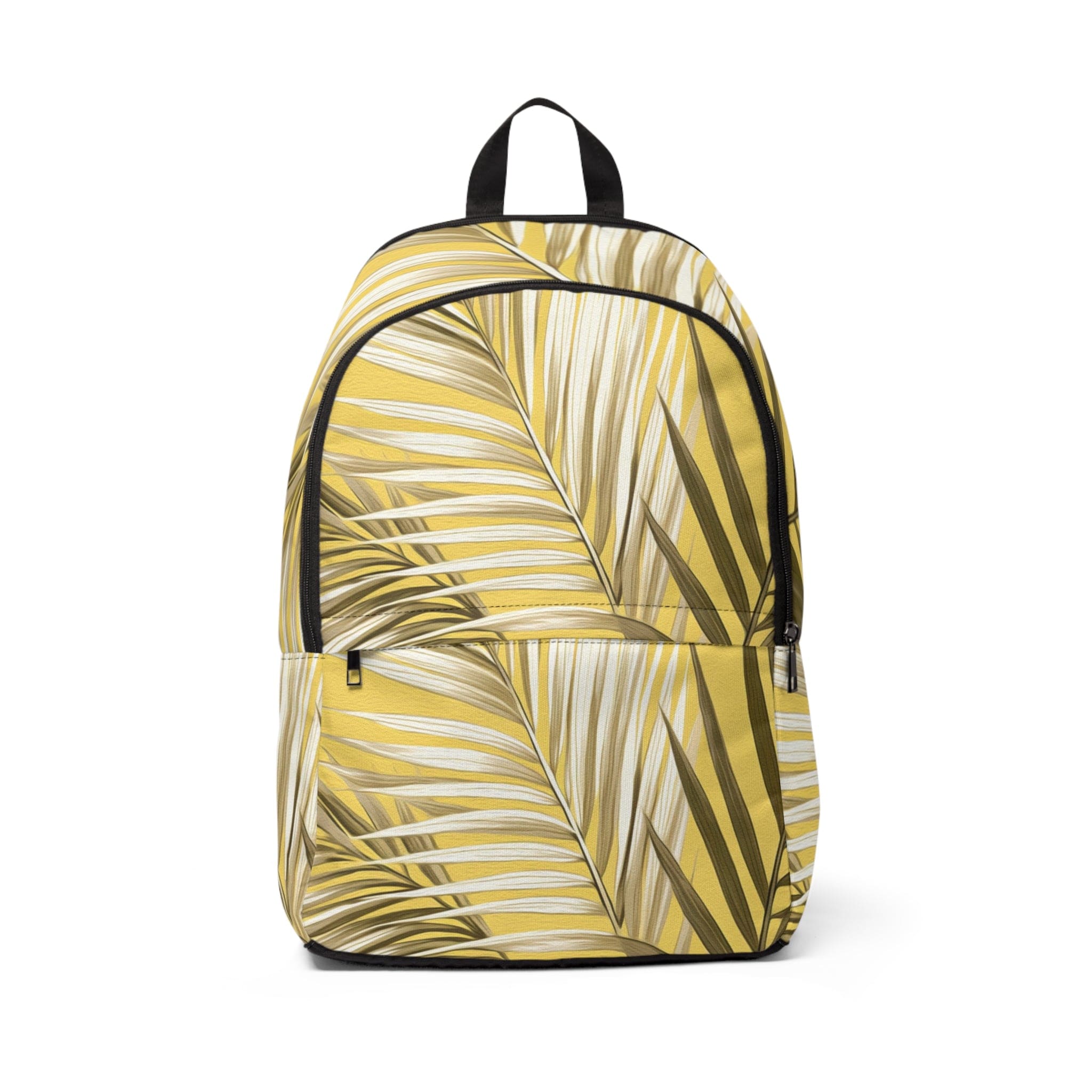 Fashion Backpack in white and brown with palm leaves design, showcasing its trendy and waterproof features.