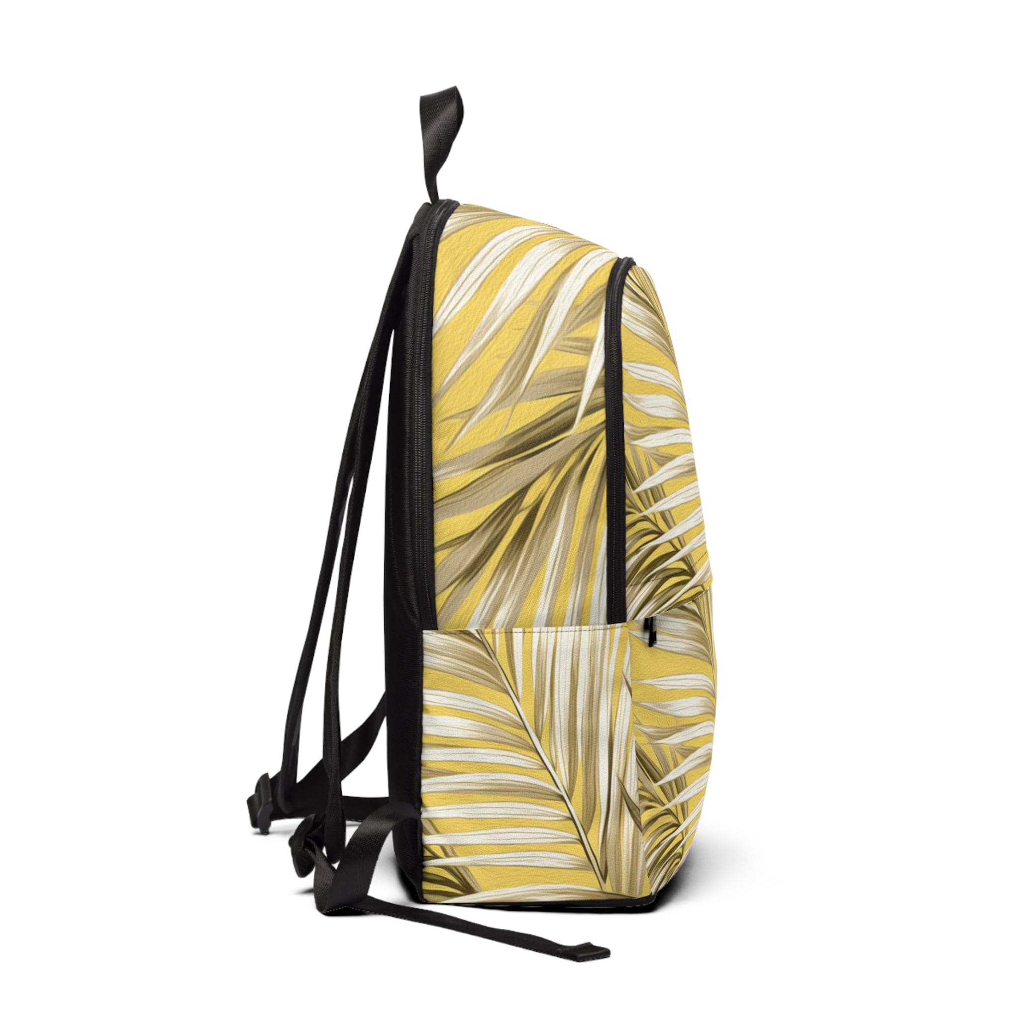 Fashion Backpack in white and brown with palm leaves design, showcasing its trendy and waterproof features.