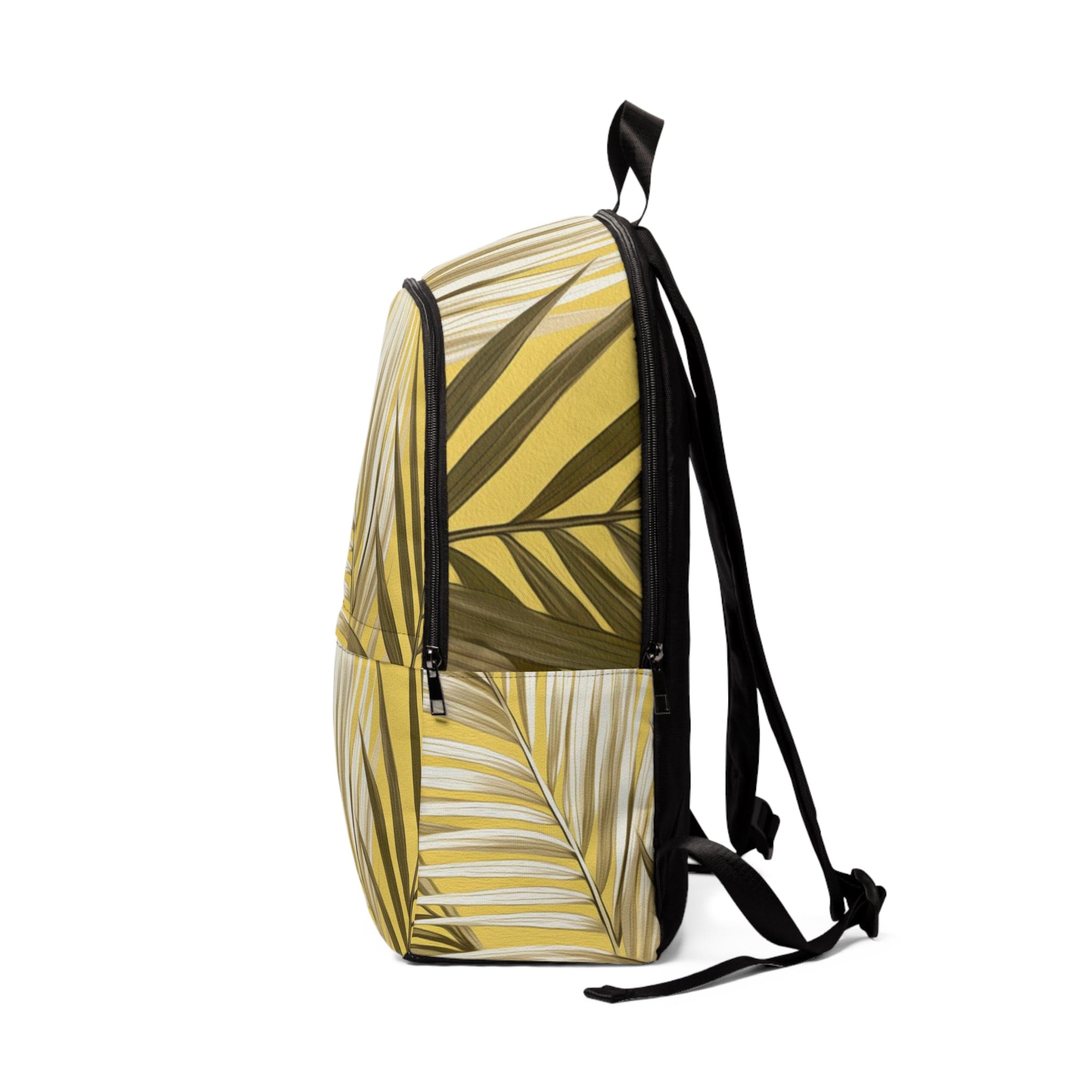 Fashion Backpack in white and brown with palm leaves design, showcasing its trendy and waterproof features.