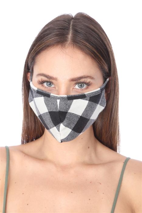 Fashion Mask 101 in white and black plaid, featuring double-layer design and contoured sides for a comfortable fit.