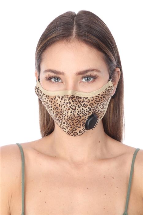 Brown animal print filter face mask with adjustable straps, made from 100% cotton for comfort and safety.