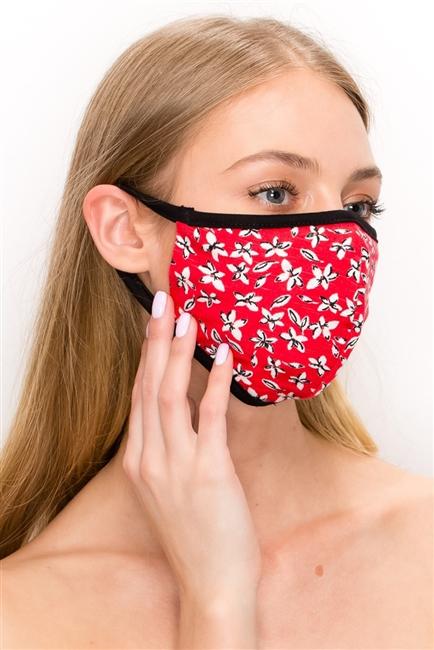 Floral double layer contoured face mask in red, featuring clean folded edging and a stylish design.