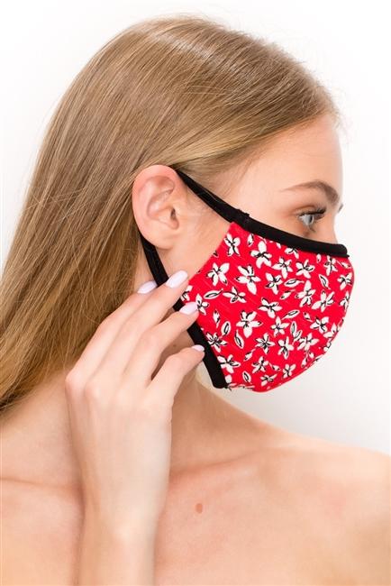 Floral double layer contoured face mask in red, featuring clean folded edging and a stylish design.