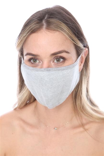 Grey solid face mask with double-layer design and contoured sides, made from 50% polyester and 50% cotton, packed in zip lock bags.