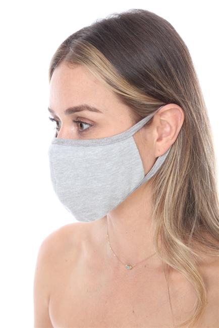 Grey solid face mask with double-layer design and contoured sides, made from 50% polyester and 50% cotton, packed in zip lock bags.