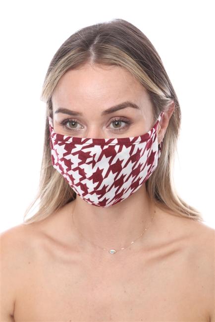 Wine White Houndstooth Print Face Mask with double-layered fabric and contoured sides, packaged in zip lock bags.