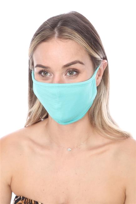 Turquoise double-layer face mask with contoured sides, made in the USA, packed in zip lock bags.