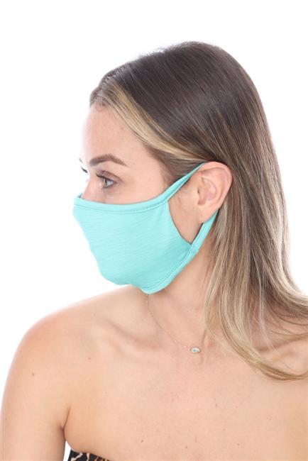 Turquoise double-layer face mask with contoured sides, made in the USA, packed in zip lock bags.