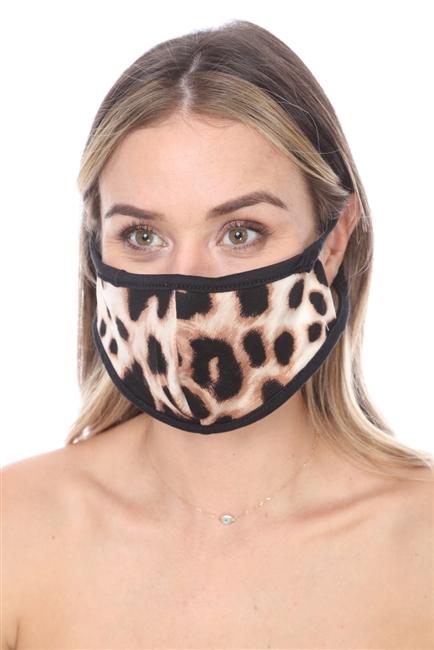 Double layer animal print face mask with contoured sides, made in the USA, packaged in zip lock bags.