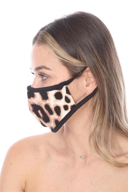 Double layer animal print face mask with contoured sides, made in the USA, packaged in zip lock bags.