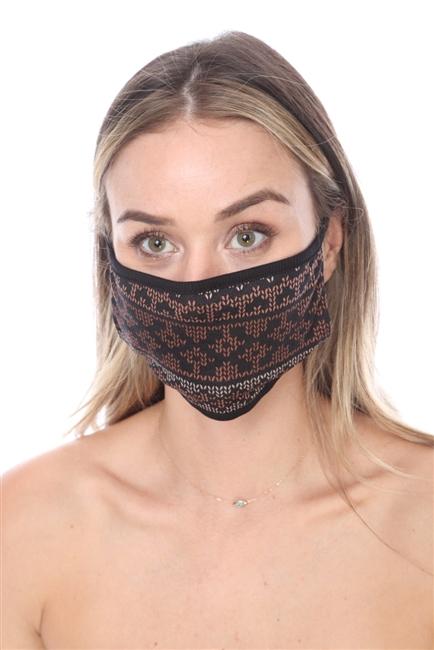 FASHION MASK SW567 - MASK101-BLACK, a double-layer black print face mask with contoured sides, neatly folded and packaged.